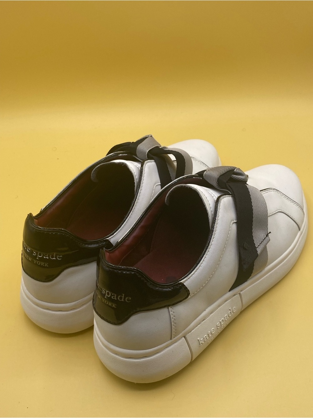 kate spade White Leather Sneakers with Black and Gray Ribbon Bow - Picture 2 of 4
